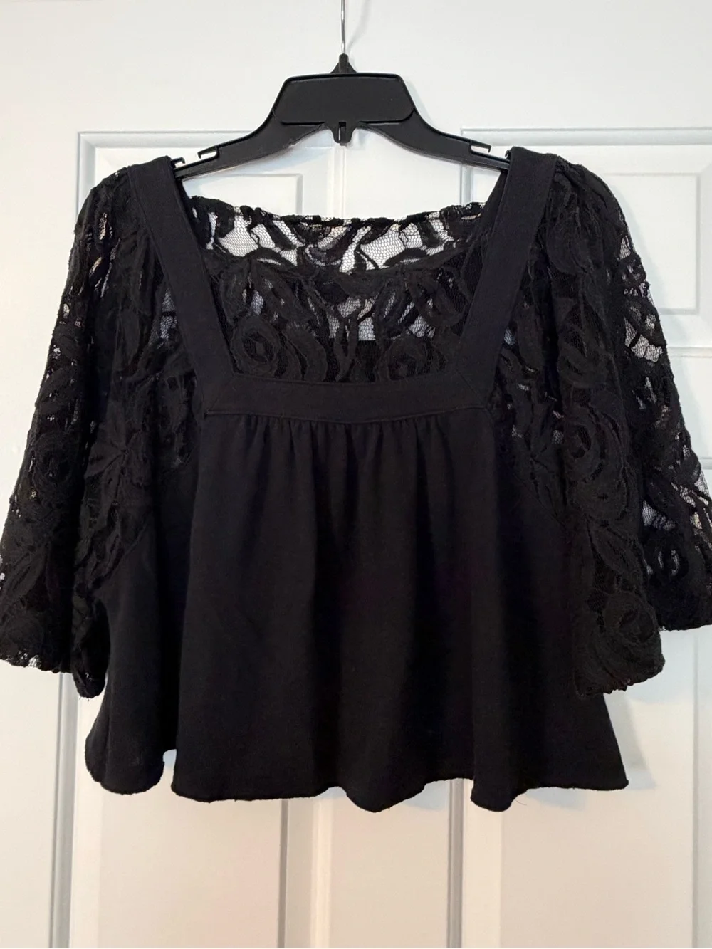 Free People Black Lace-Sleeve Square Neck Blouse
